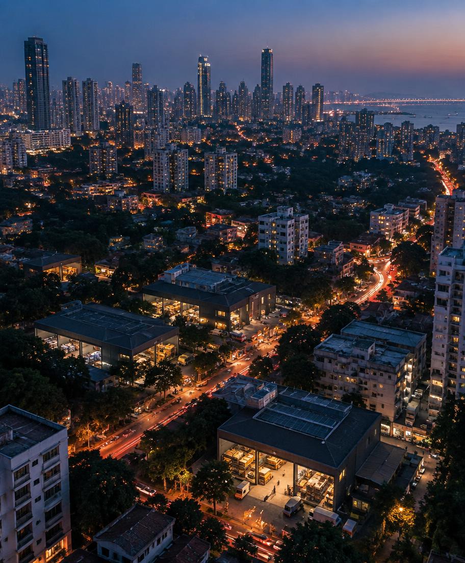 Aerial view across an Indian city at dusk, with neighborhood streets linking local hubs